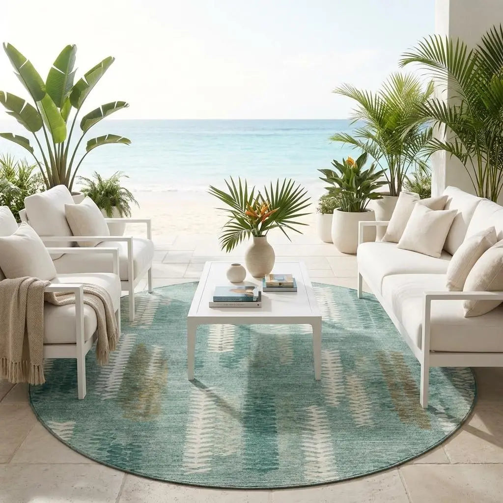 8' Aqua And Teal Blue Round Abstract Washable Indoor Outdoor Area Rug Homeroots Outdoor