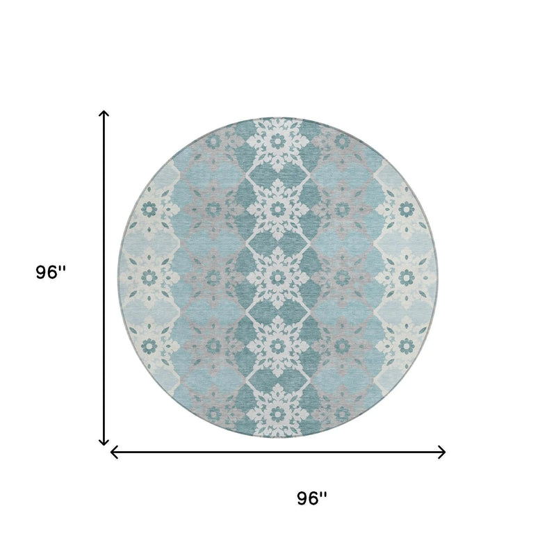 8' Aqua And Teal Blue Round Floral Medallion Washable Indoor Outdoor Area Rug Homeroots Outdoor