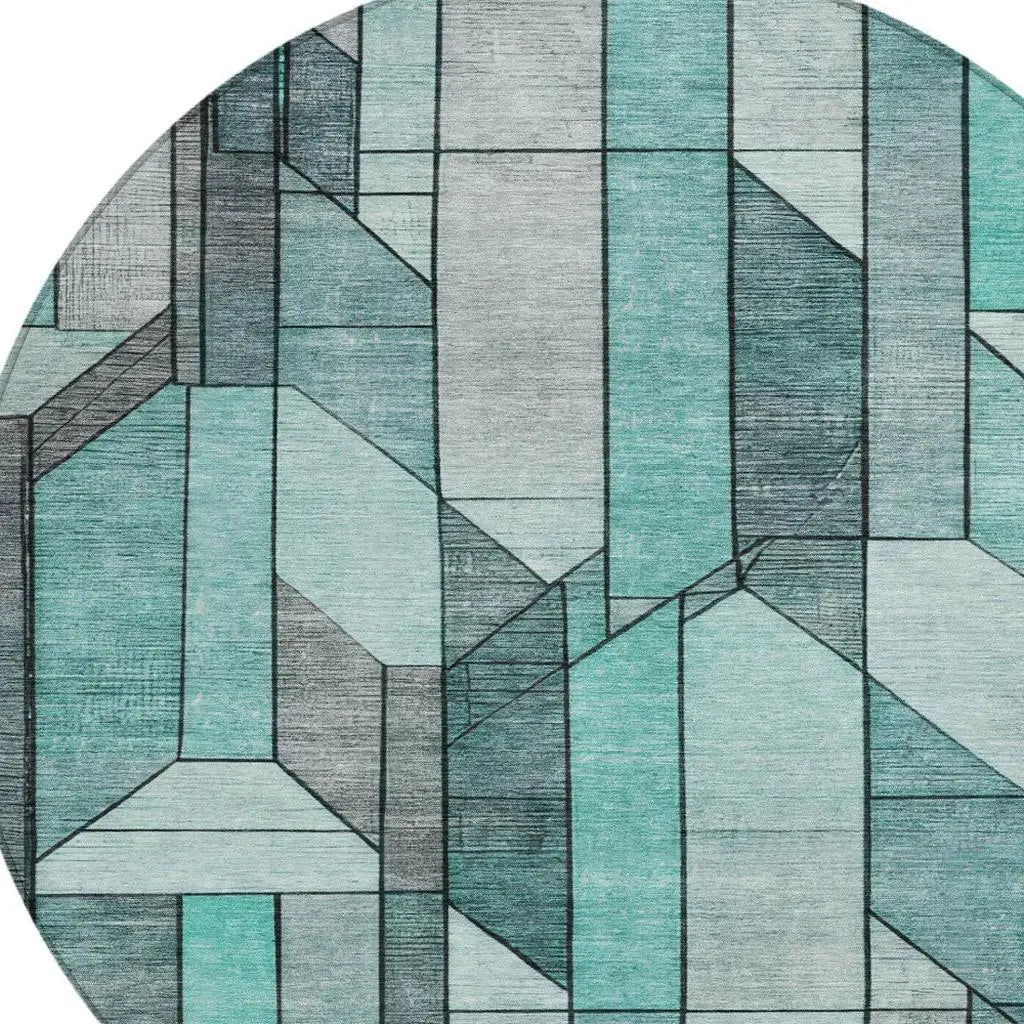 8' Aqua And Teal Blue Round Geometric Washable Indoor Outdoor Area Rug Homeroots Outdoor