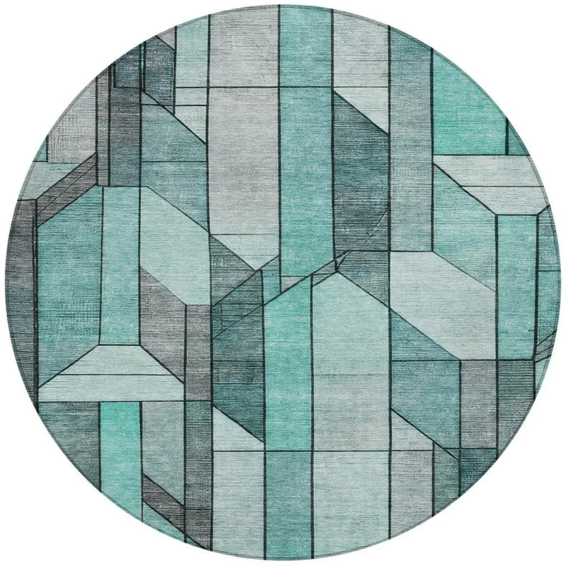 8' Aqua And Teal Blue Round Geometric Washable Indoor Outdoor Area Rug Homeroots Outdoor