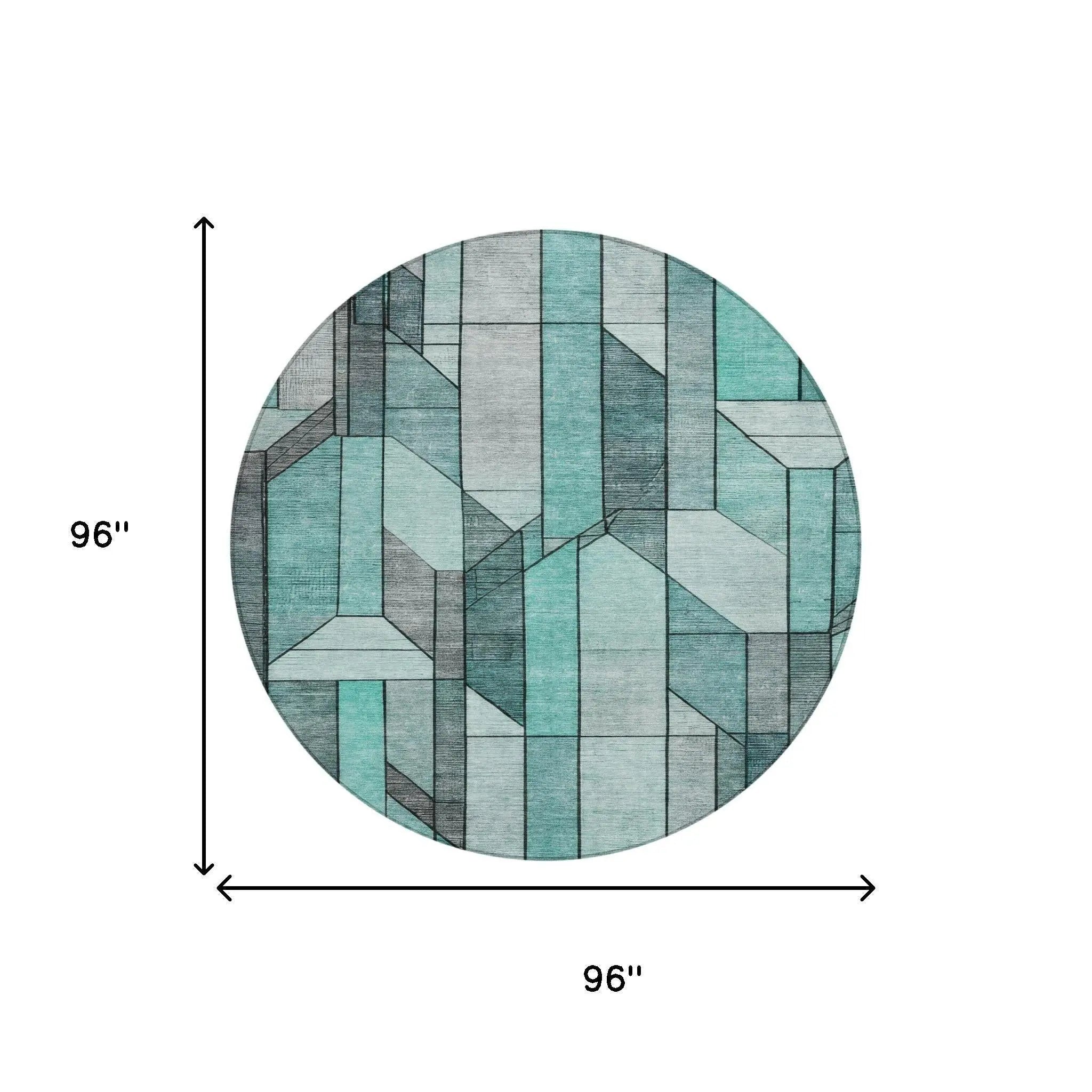 8' Aqua And Teal Blue Round Geometric Washable Indoor Outdoor Area Rug Homeroots Outdoor