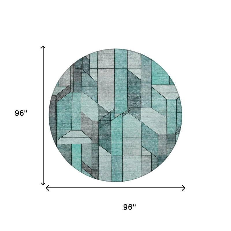 8' Aqua And Teal Blue Round Geometric Washable Indoor Outdoor Area Rug Homeroots Outdoor