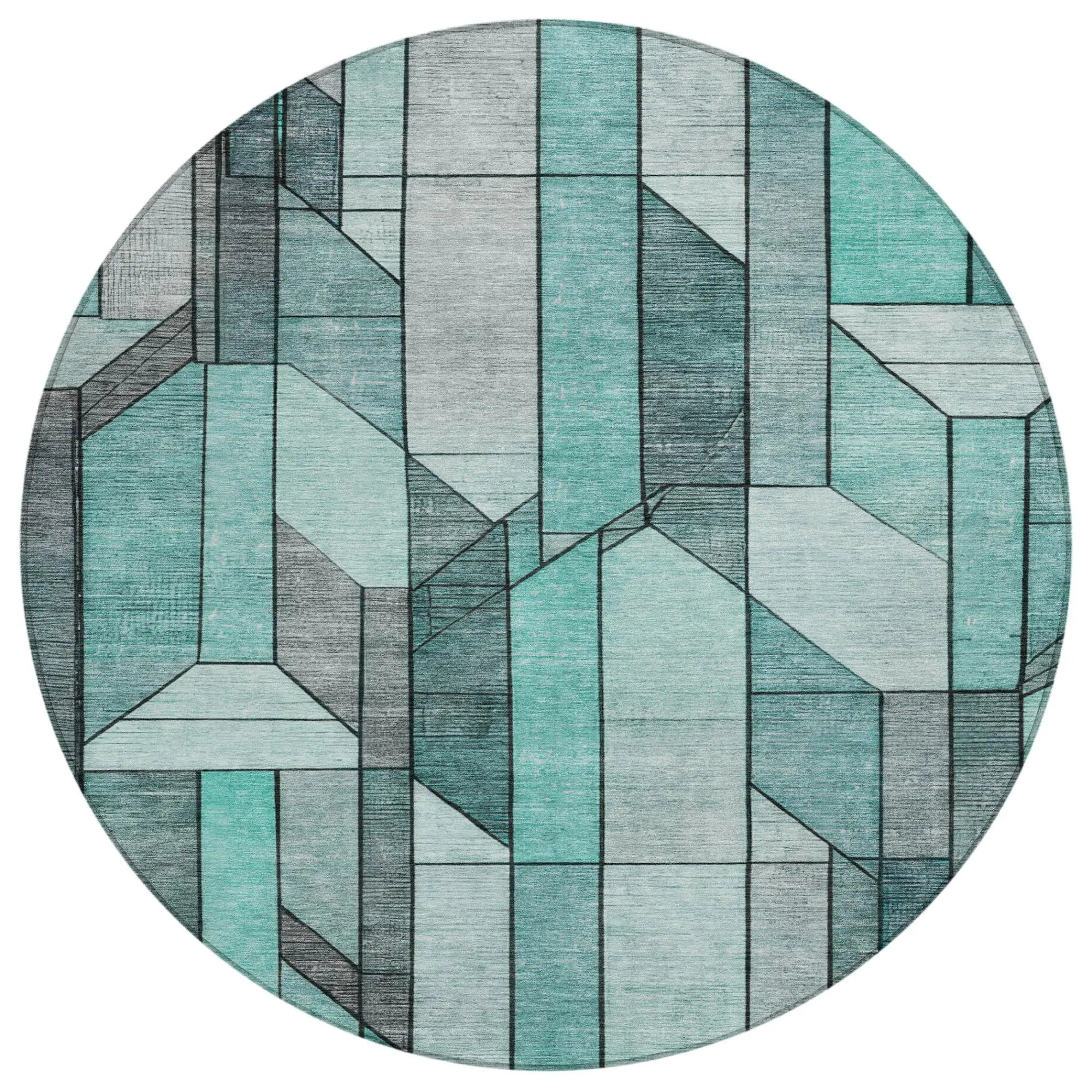 8' Aqua And Teal Blue Round Geometric Washable Indoor Outdoor Area Rug Homeroots Outdoor