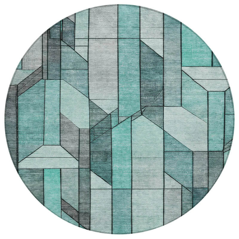 8' Aqua And Teal Blue Round Geometric Washable Indoor Outdoor Area Rug Homeroots Outdoor