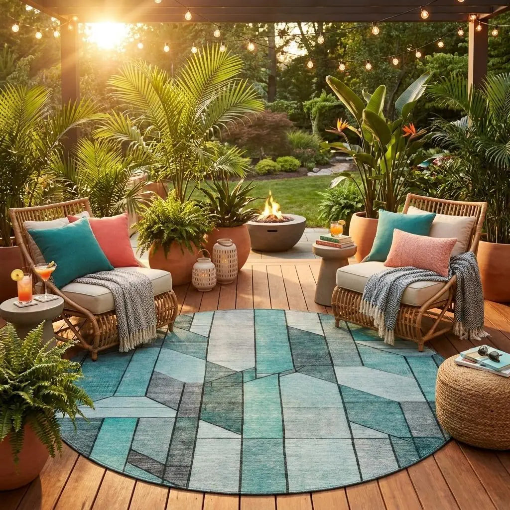 8' Aqua And Teal Blue Round Geometric Washable Indoor Outdoor Area Rug Homeroots Outdoor