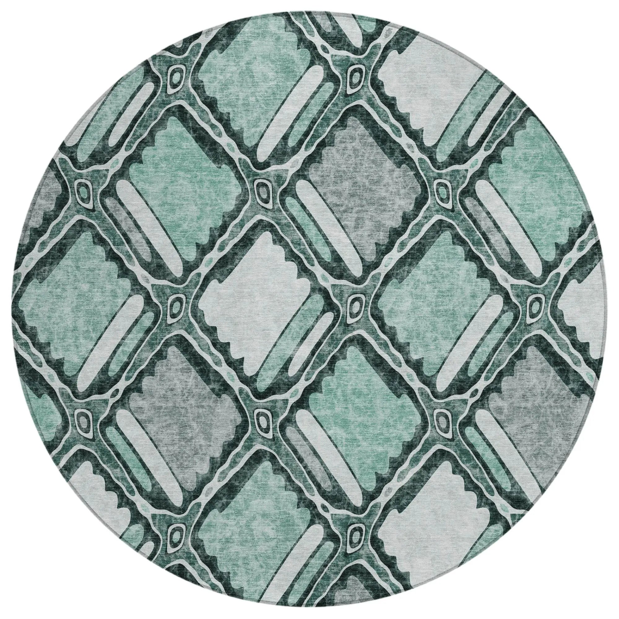 8' Aqua And Teal Blue Round Geometric Washable Indoor Outdoor Area Rug Homeroots Outdoor