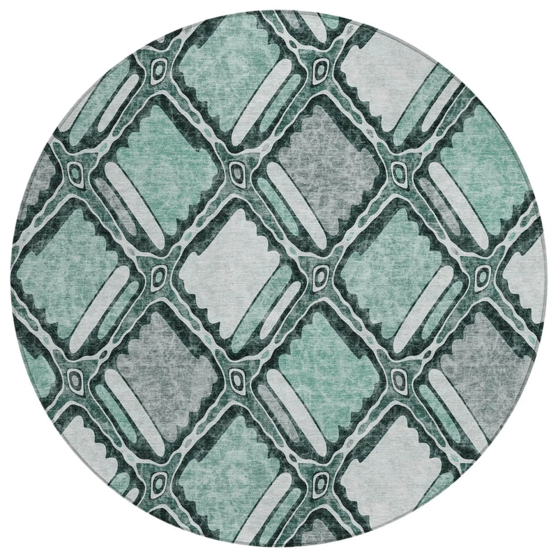 8' Aqua And Teal Blue Round Geometric Washable Indoor Outdoor Area Rug Homeroots Outdoor