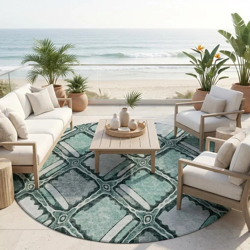 8' Aqua And Teal Blue Round Geometric Washable Indoor Outdoor Area Rug Homeroots Outdoor