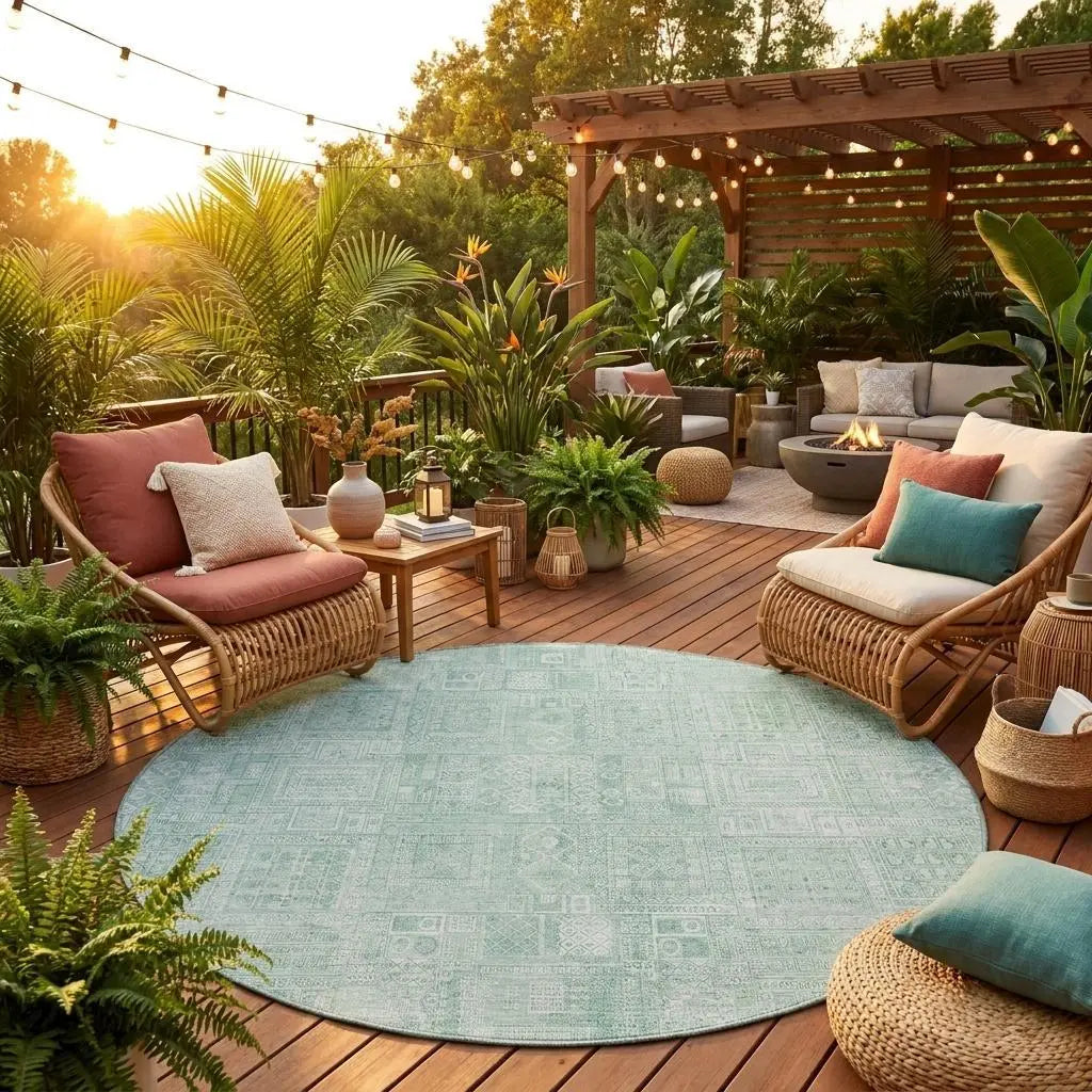 8' Aqua And Teal Blue Round Oriental Washable Indoor Outdoor Area Rug Homeroots Outdoor