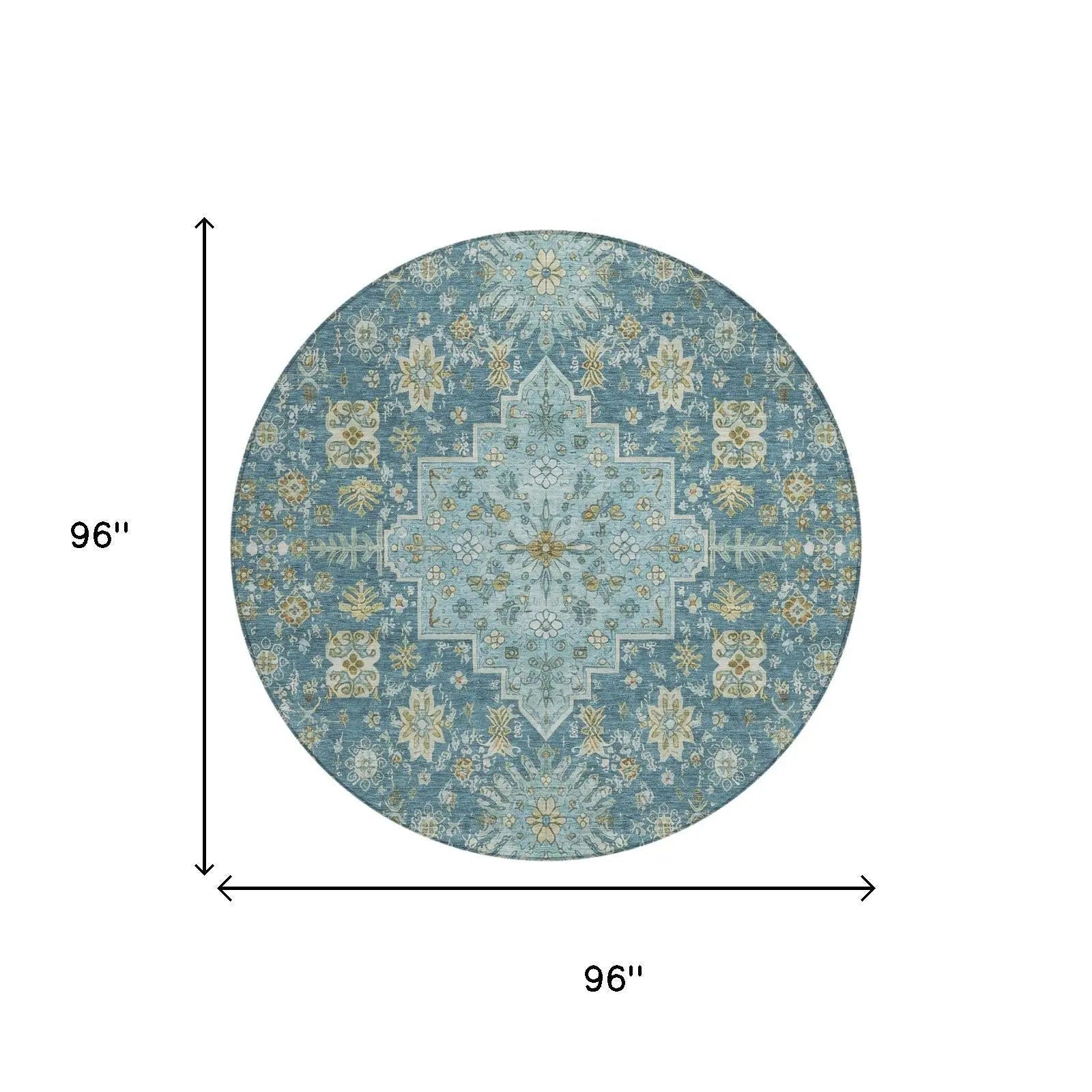 8' Aqua And Teal Blue Round Oriental Washable Indoor Outdoor Area Rug Homeroots Outdoor
