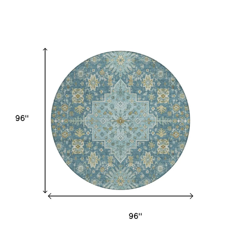 8' Aqua And Teal Blue Round Oriental Washable Indoor Outdoor Area Rug Homeroots Outdoor