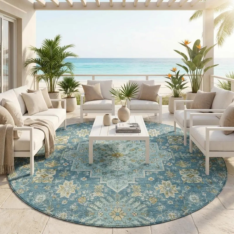 8' Aqua And Teal Blue Round Oriental Washable Indoor Outdoor Area Rug Homeroots Outdoor