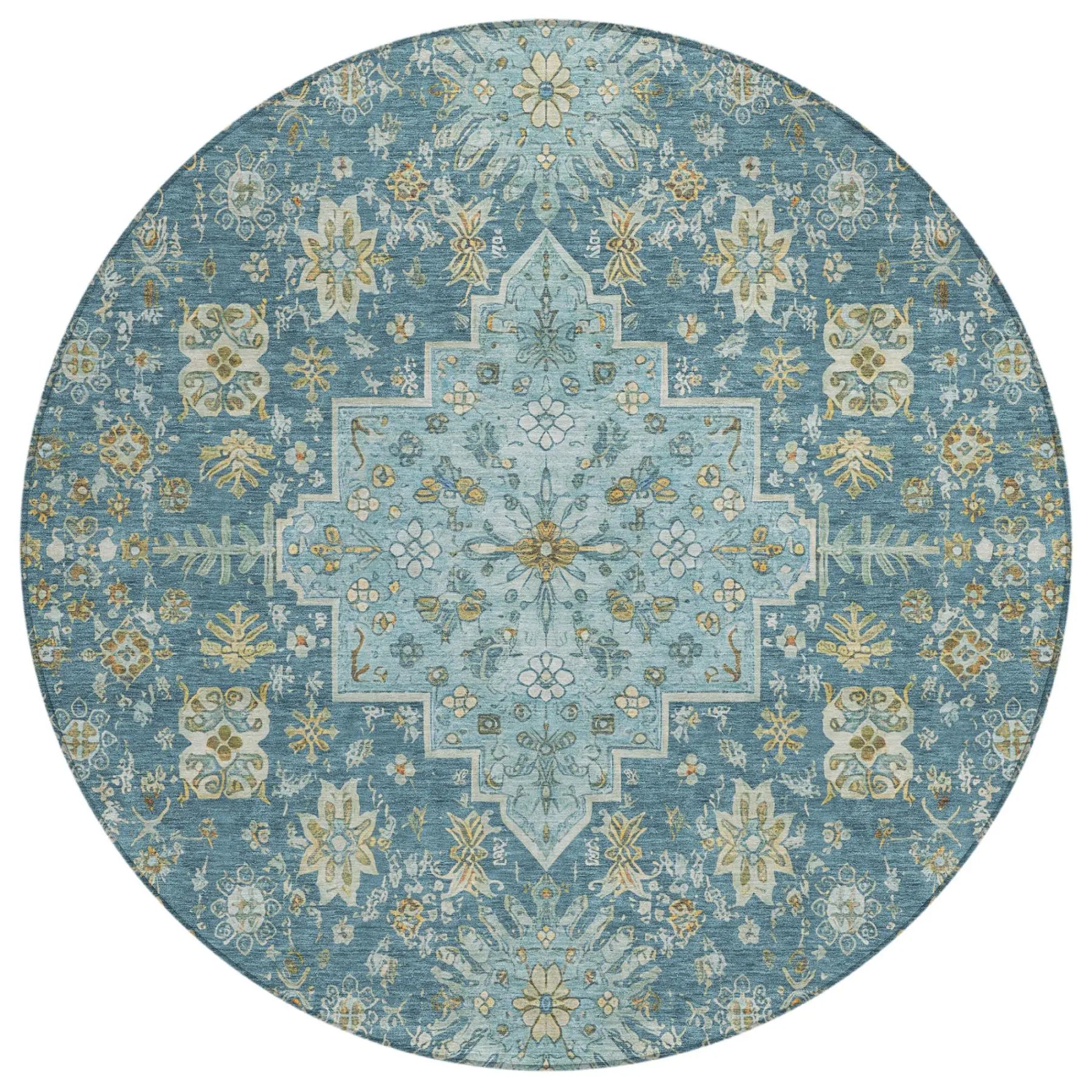 8' Aqua And Teal Blue Round Oriental Washable Indoor Outdoor Area Rug Homeroots Outdoor