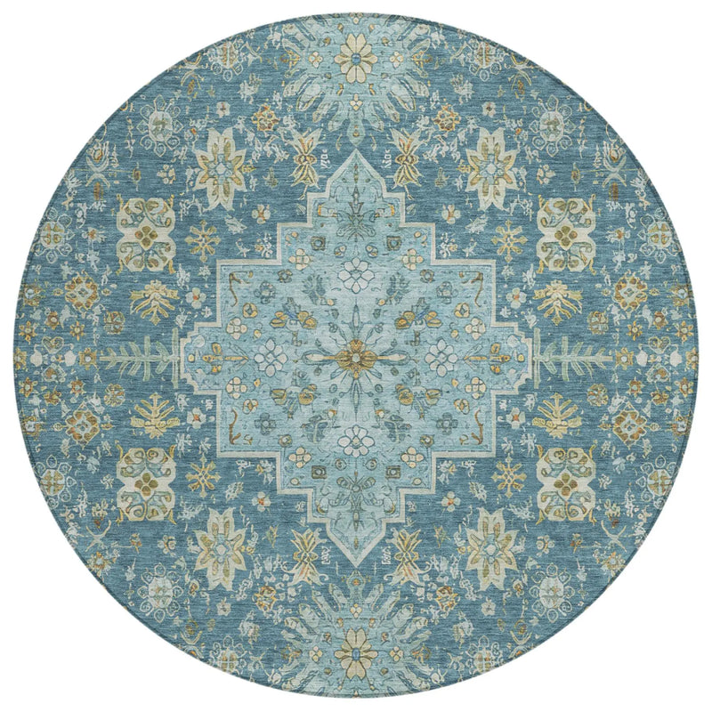 8' Aqua And Teal Blue Round Oriental Washable Indoor Outdoor Area Rug Homeroots Outdoor