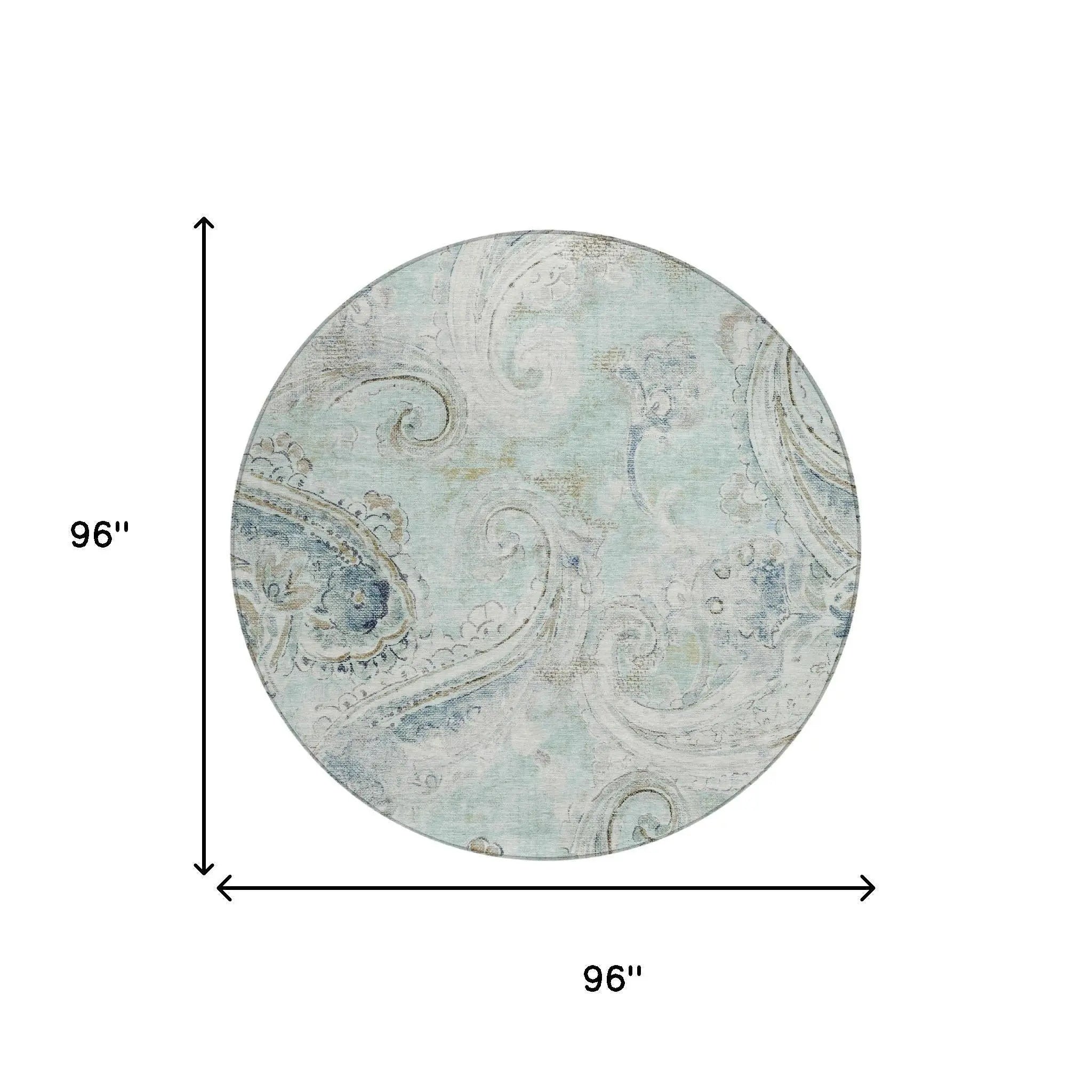 8' Aqua And Teal Blue Round Paisley Washable Indoor Outdoor Area Rug Homeroots Outdoor