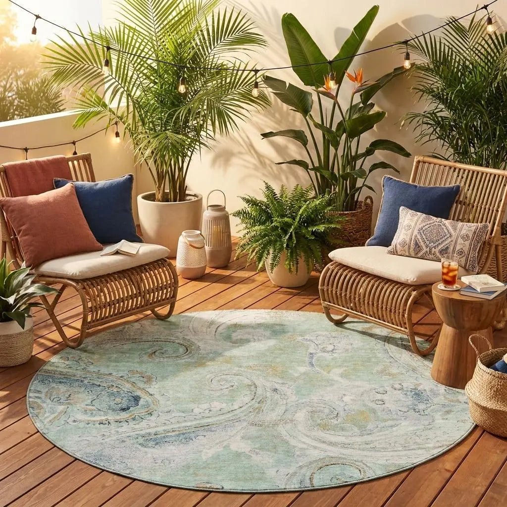 8' Aqua And Teal Blue Round Paisley Washable Indoor Outdoor Area Rug Homeroots Outdoor