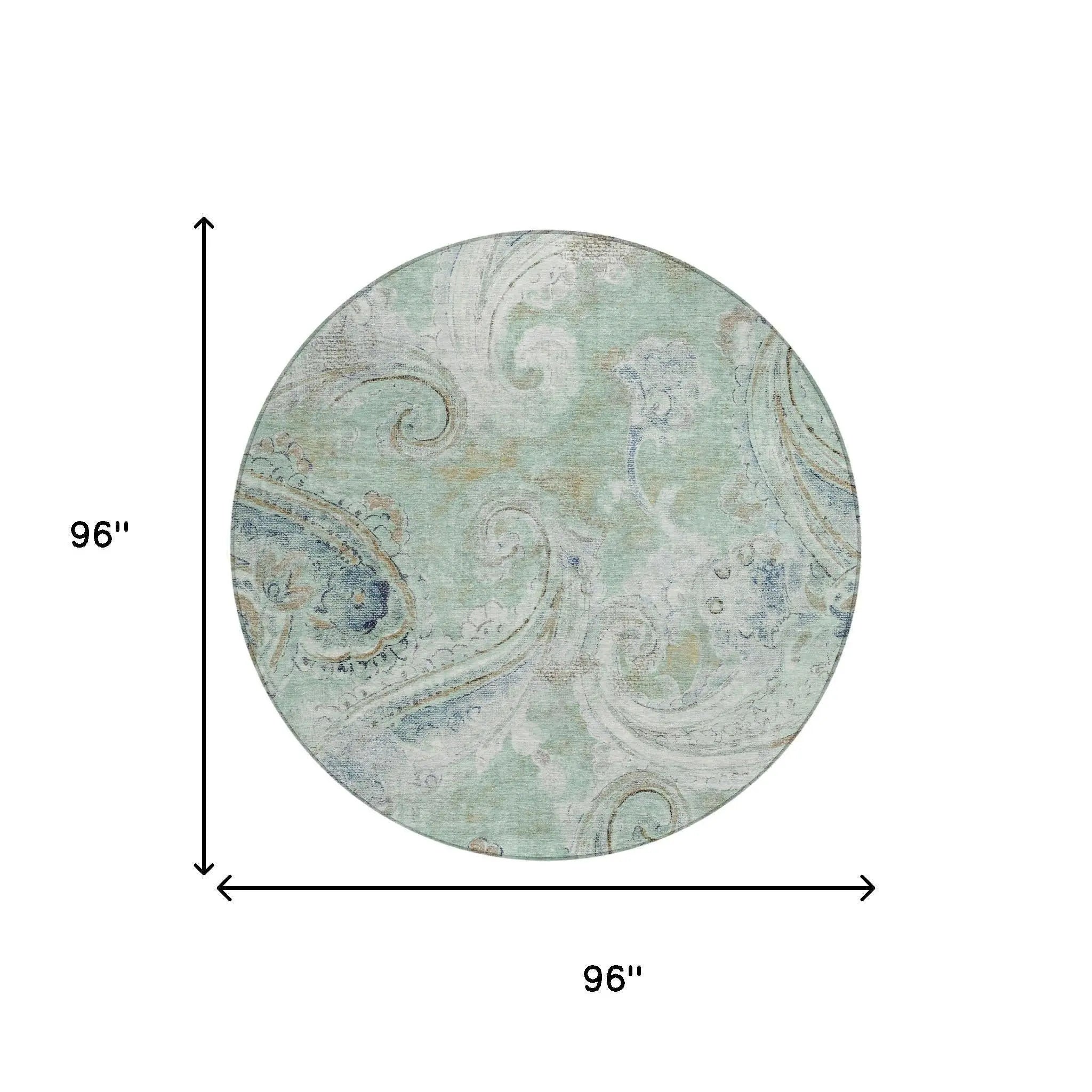 8' Aqua And Teal Blue Round Paisley Washable Indoor Outdoor Area Rug Homeroots Outdoor