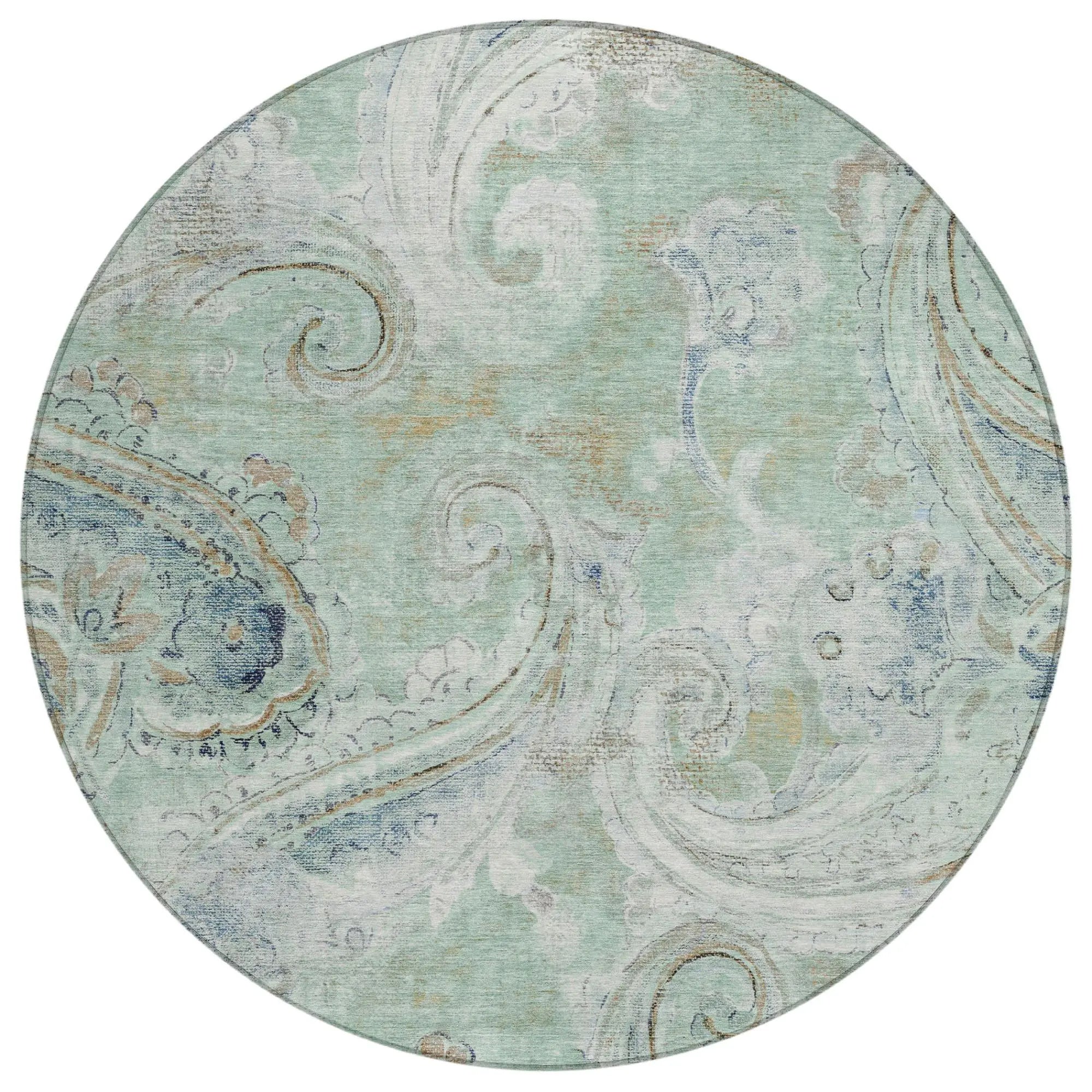 8' Aqua And Teal Blue Round Paisley Washable Indoor Outdoor Area Rug Homeroots Outdoor