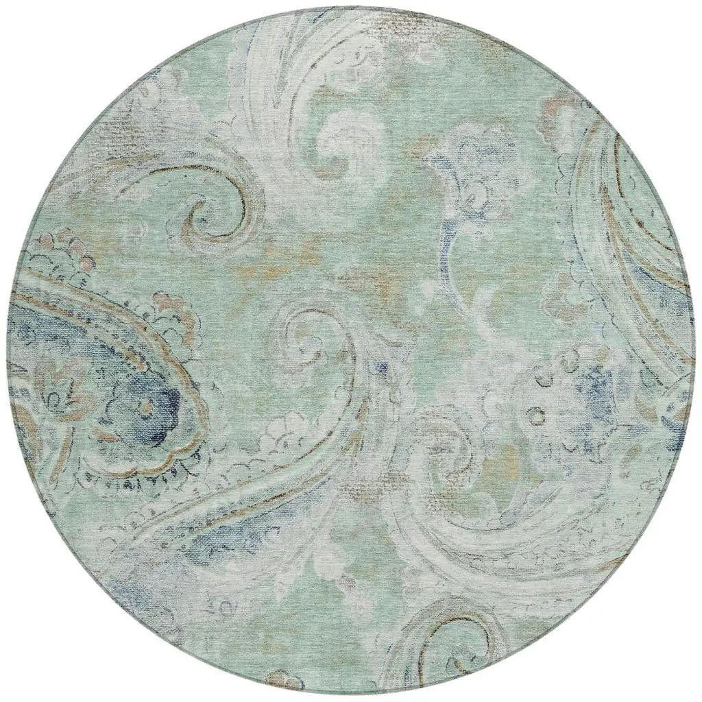 8' Aqua And Teal Blue Round Paisley Washable Indoor Outdoor Area Rug Homeroots Outdoor
