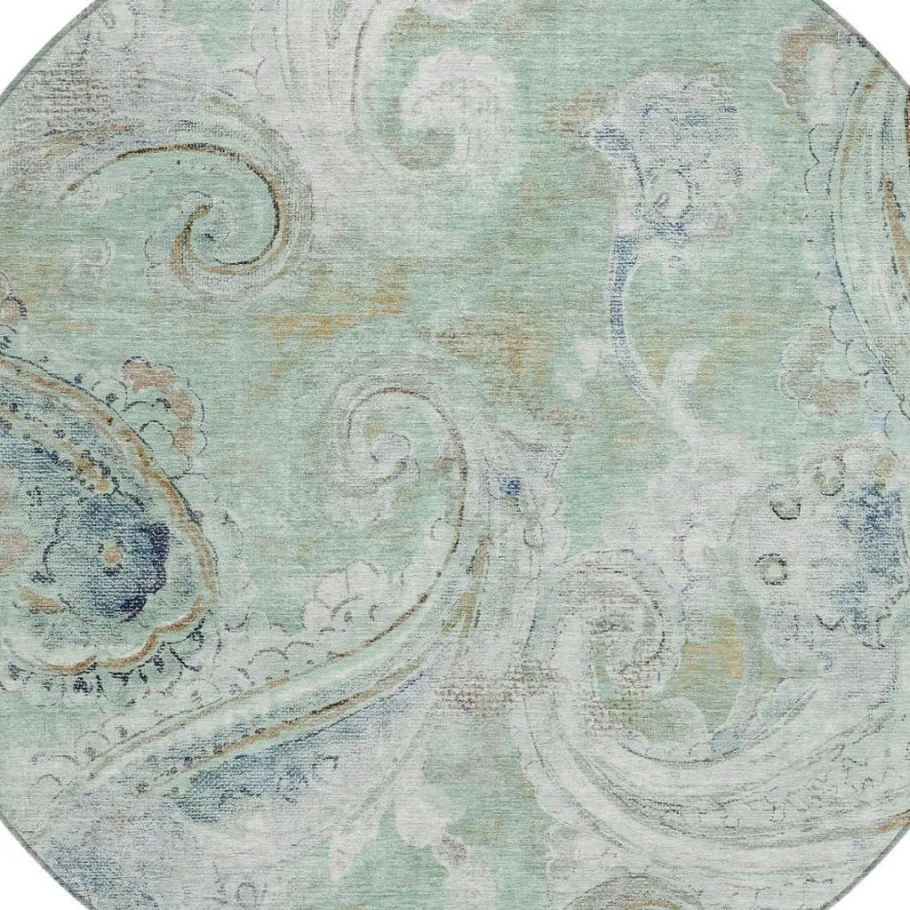 8' Aqua And Teal Blue Round Paisley Washable Indoor Outdoor Area Rug Homeroots Outdoor