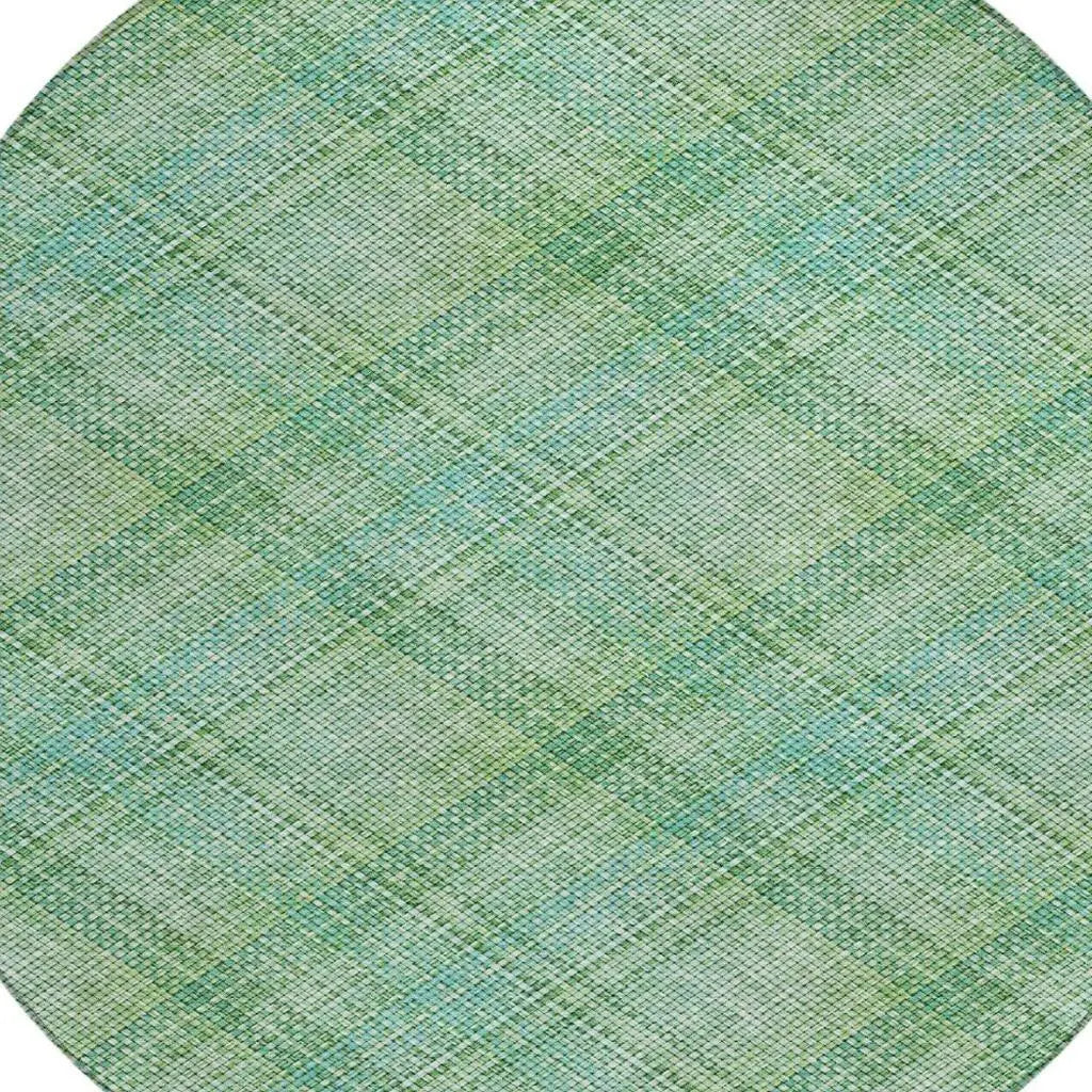 8' Aqua And Teal Blue Round Plaid Washable Indoor Outdoor Area Rug Homeroots Outdoor
