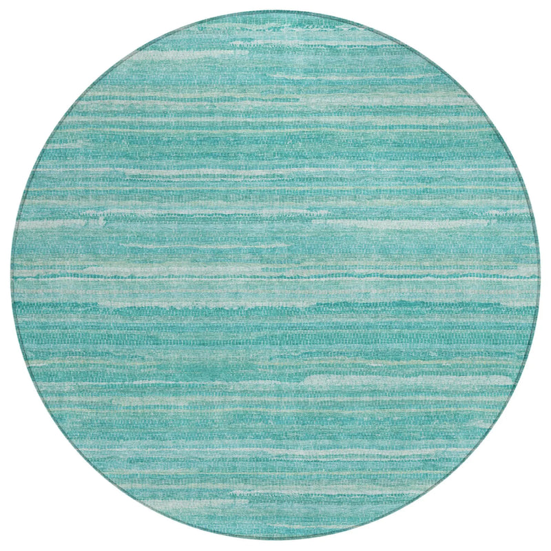 8' Aqua And Teal Blue Round Striped Washable Indoor Outdoor Area Rug Homeroots Outdoor