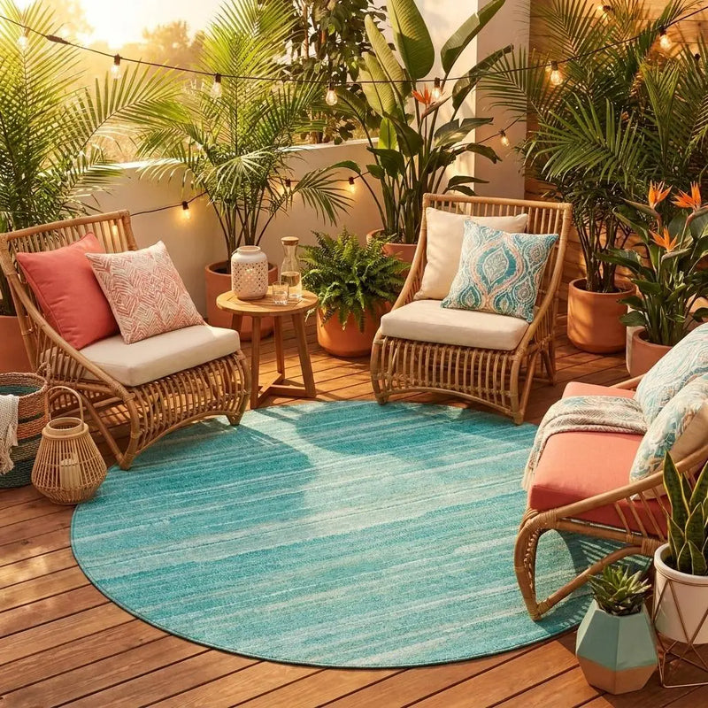 8' Aqua And Teal Blue Round Striped Washable Indoor Outdoor Area Rug Homeroots Outdoor