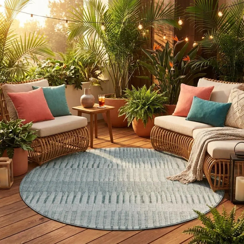 8' Aqua And Teal Blue Round Striped Washable Indoor Outdoor Area Rug Homeroots Outdoor