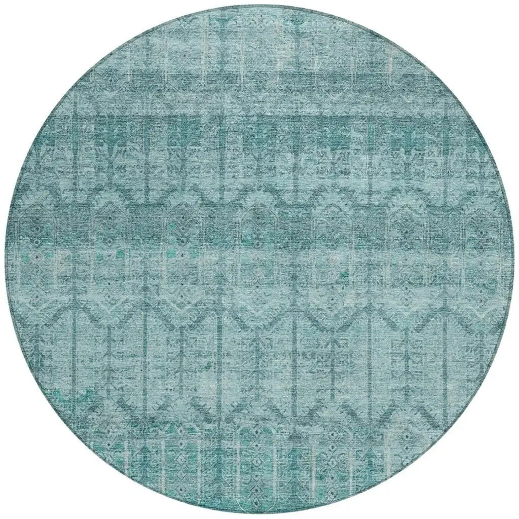 8' Aqua And Teal Blue Round Tribal Washable Indoor Outdoor Area Rug Homeroots Outdoor