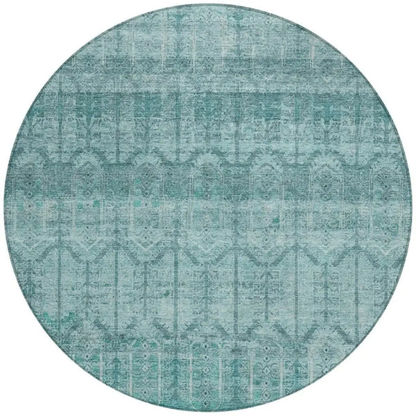 8' Aqua And Teal Blue Round Tribal Washable Indoor Outdoor Area Rug Homeroots Outdoor