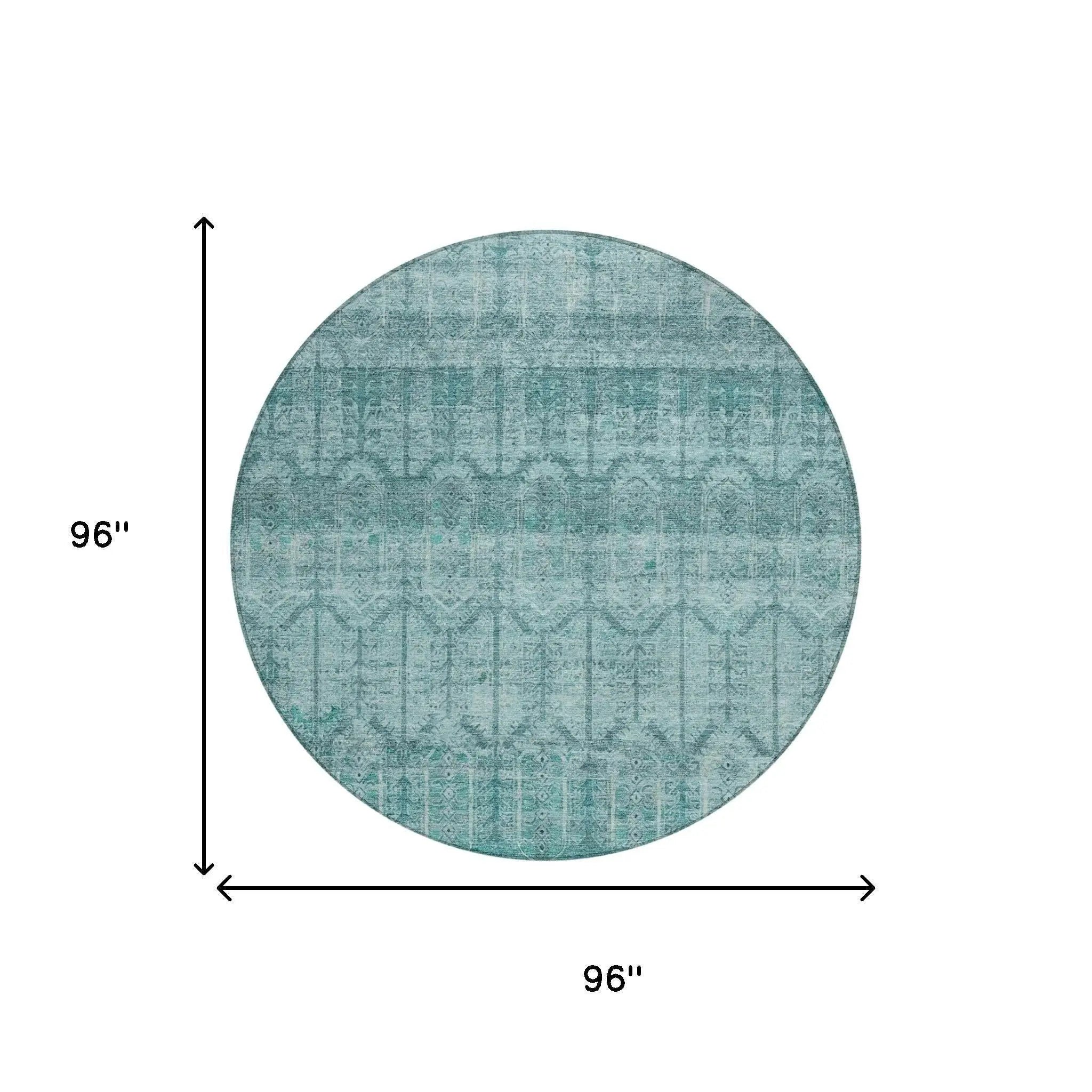 8' Aqua And Teal Blue Round Tribal Washable Indoor Outdoor Area Rug Homeroots Outdoor