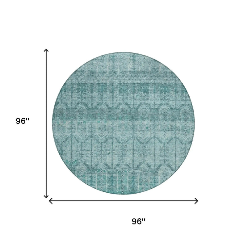 8' Aqua And Teal Blue Round Tribal Washable Indoor Outdoor Area Rug Homeroots Outdoor