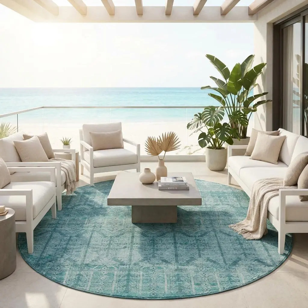 8' Aqua And Teal Blue Round Tribal Washable Indoor Outdoor Area Rug Homeroots Outdoor
