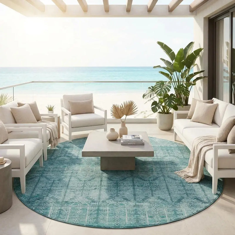 8' Aqua And Teal Blue Round Tribal Washable Indoor Outdoor Area Rug Homeroots Outdoor