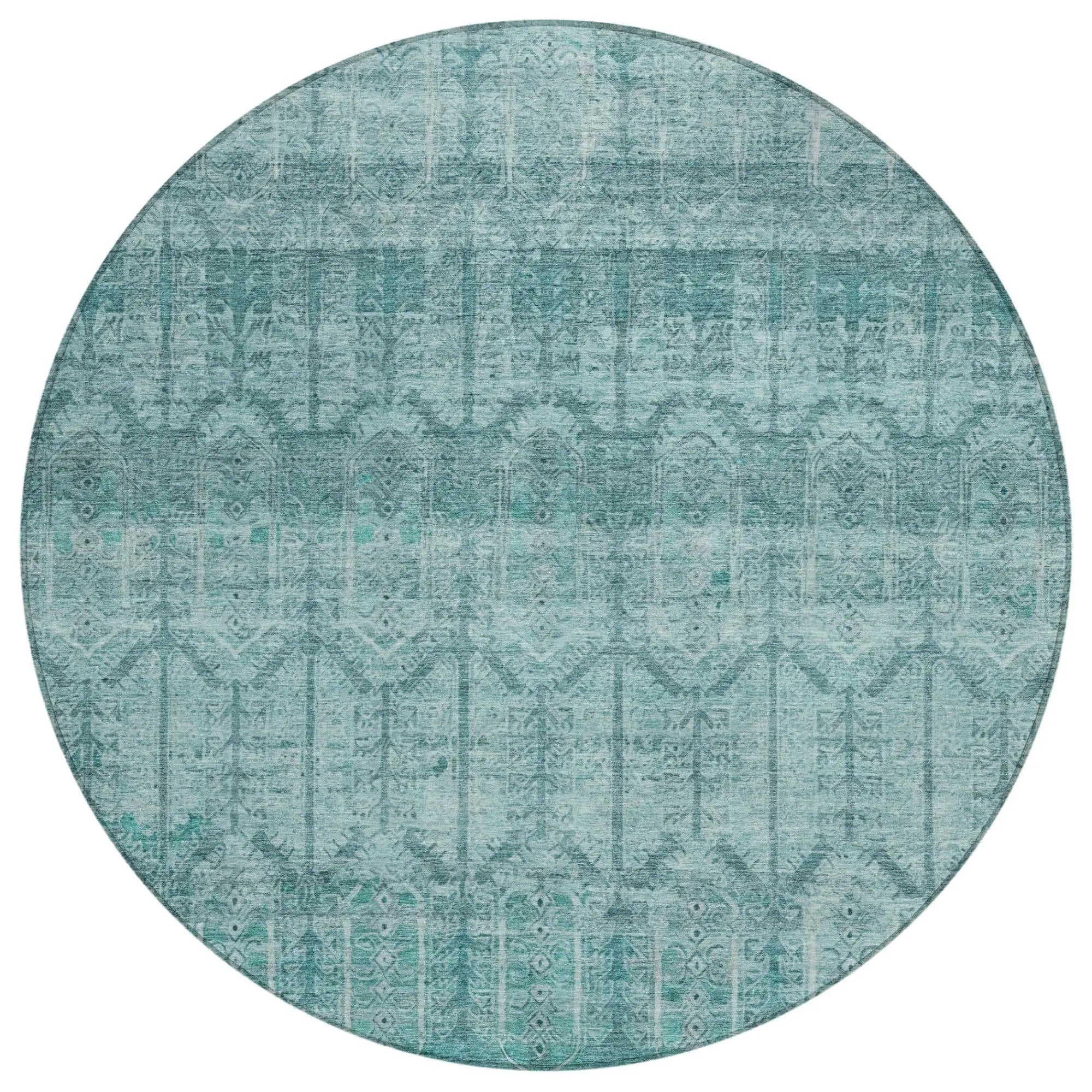 8' Aqua And Teal Blue Round Tribal Washable Indoor Outdoor Area Rug Homeroots Outdoor