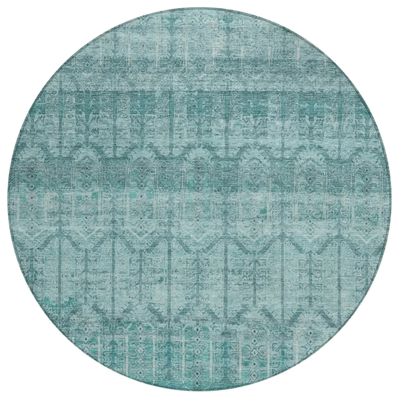 8' Aqua And Teal Blue Round Tribal Washable Indoor Outdoor Area Rug Homeroots Outdoor