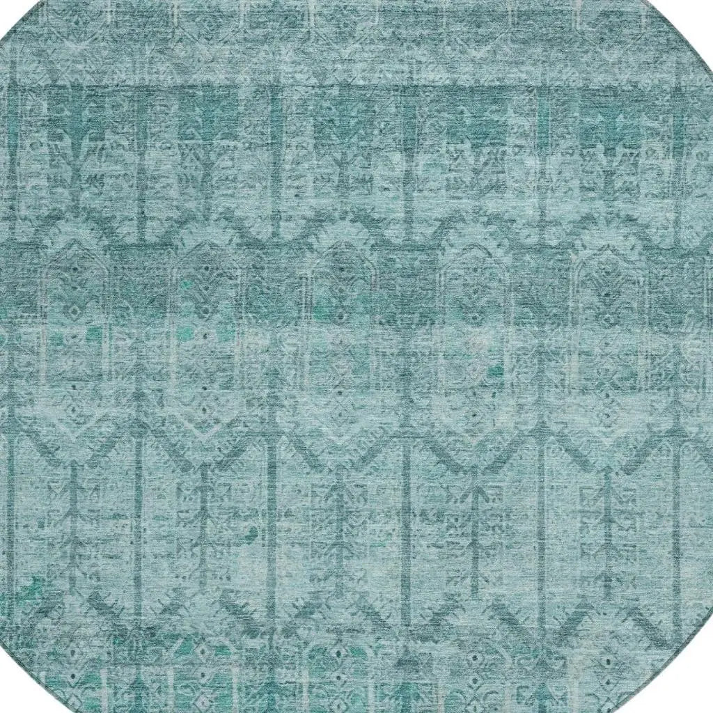 8' Aqua And Teal Blue Round Tribal Washable Indoor Outdoor Area Rug Homeroots Outdoor