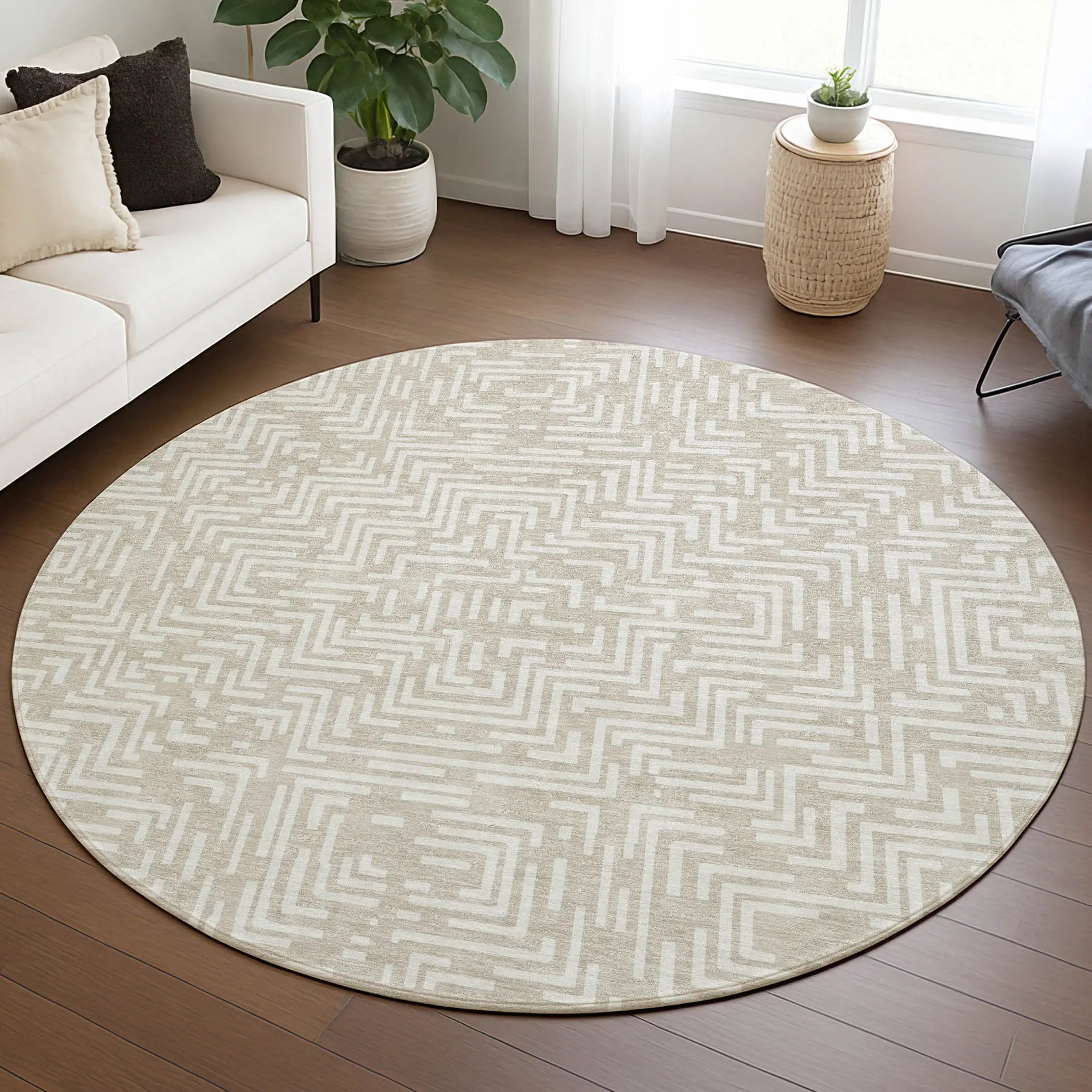 8' Beige And Blue Round Geometric Washable Indoor Outdoor Area Rug Homeroots Outdoor