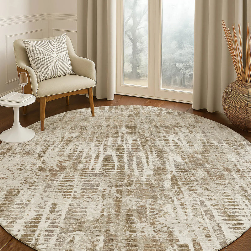 8' Beige And Brown Round Abstract Washable Indoor Outdoor Area Rug Homeroots Outdoor