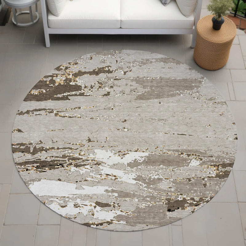 8' Beige And Brown Round Abstract Washable Indoor Outdoor Area Rug Homeroots Outdoor