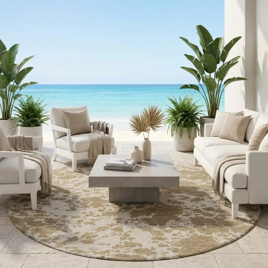 8' Beige And Brown Round Abstract Washable Indoor Outdoor Area Rug Homeroots Outdoor