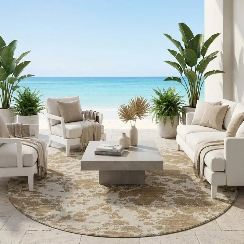 8' Beige And Brown Round Abstract Washable Indoor Outdoor Area Rug Homeroots Outdoor