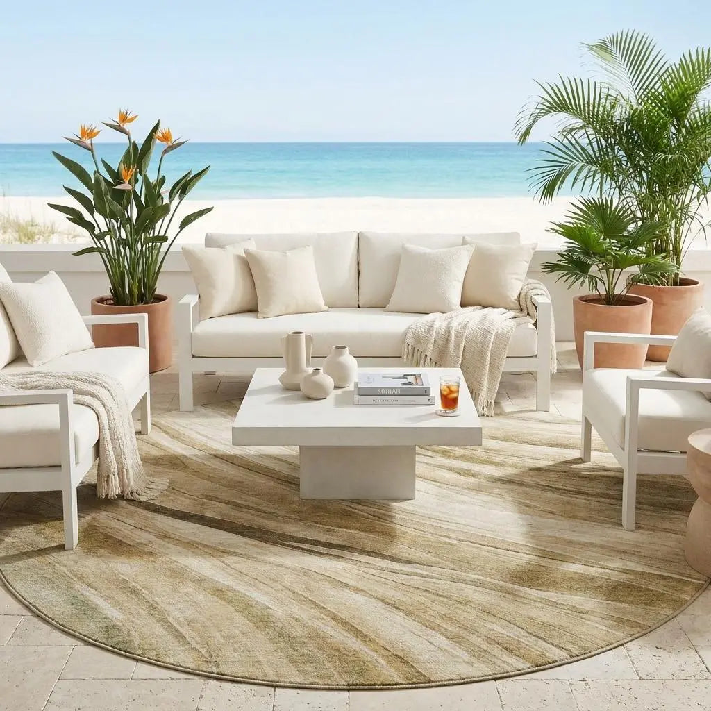 8' Beige And Brown Round Abstract Washable Indoor Outdoor Area Rug Homeroots Outdoor