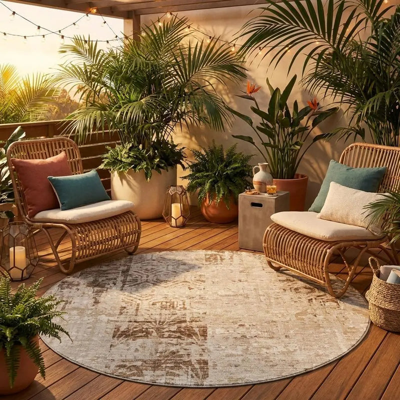 8' Beige And Brown Round Abstract Washable Indoor Outdoor Area Rug Homeroots Outdoor