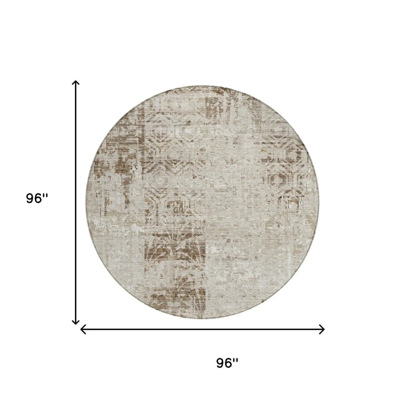 8' Beige And Brown Round Abstract Washable Indoor Outdoor Area Rug Homeroots Outdoor