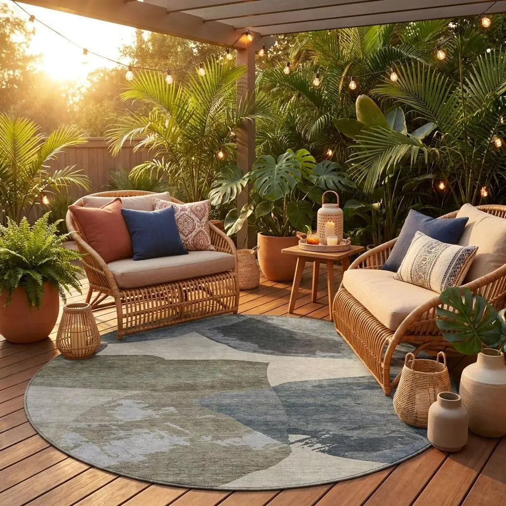 8' Beige And Brown Round Abstract Washable Indoor Outdoor Area Rug Homeroots Outdoor