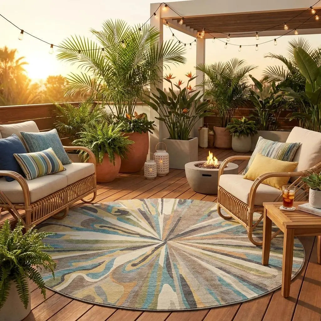 8' Beige And Brown Round Abstract Washable Indoor Outdoor Area Rug Homeroots Outdoor