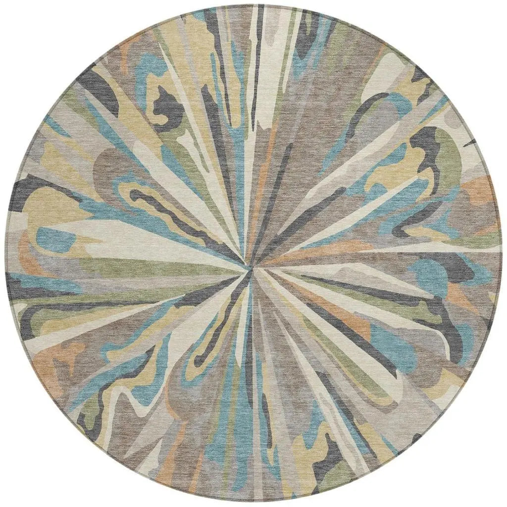 8' Beige And Brown Round Abstract Washable Indoor Outdoor Area Rug Homeroots Outdoor