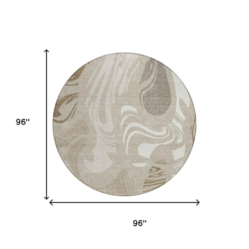 8' Beige And Brown Round Abstract Washable Indoor Outdoor Area Rug Homeroots Outdoor