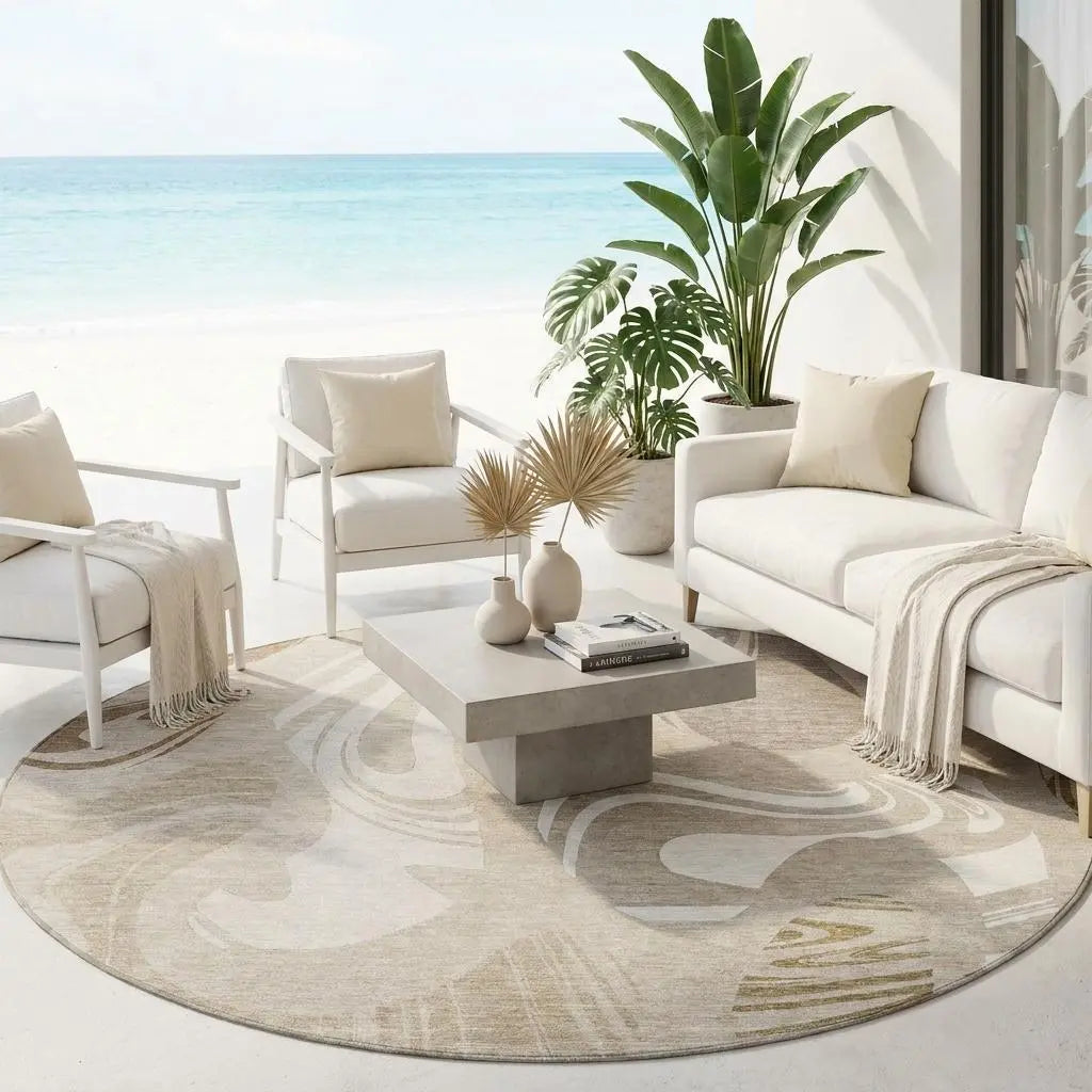 8' Beige And Brown Round Abstract Washable Indoor Outdoor Area Rug Homeroots Outdoor